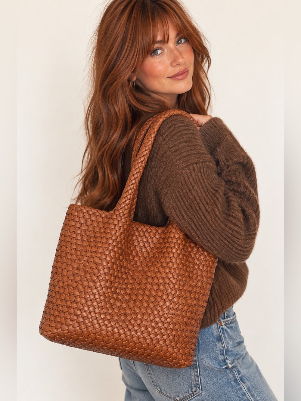 Woven Leather Tote Bag in Cognac Brown